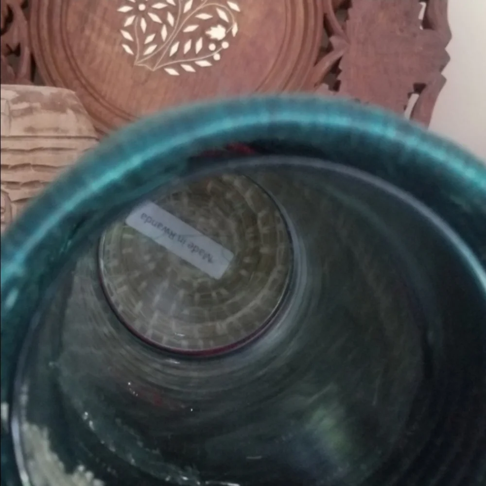 Handmade RWANDA VASE w glass insert fringe  boho tribal teal pink